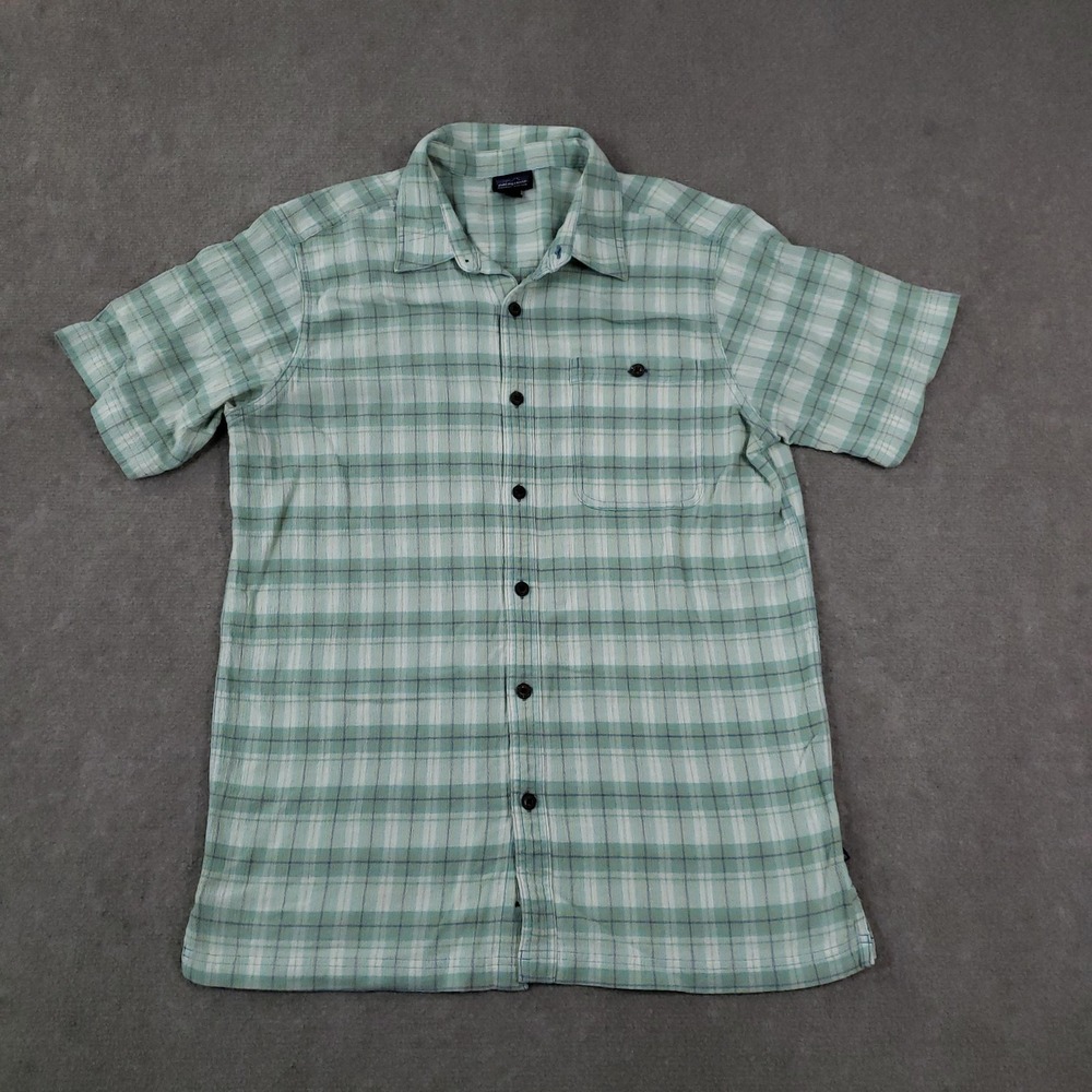 Patagonia Shirt Mens Medium Green Plaid Short Sleeve Organic Cotton Pockets